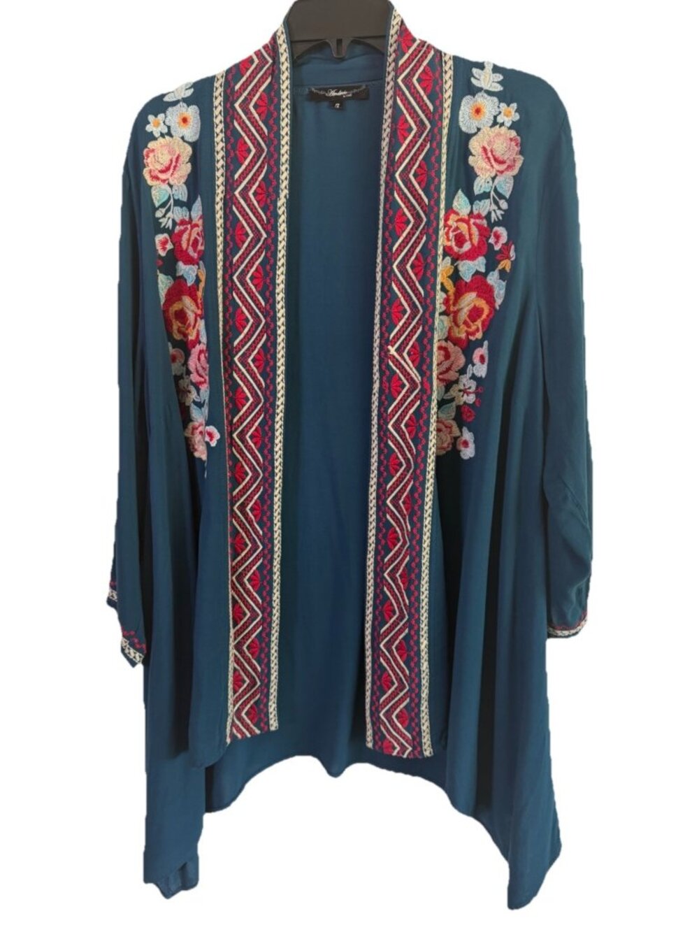 Embroidered Floral Open Cardigan 1X Blue 100% Rayon 3/4 Sleeve 30"L Boho EUC